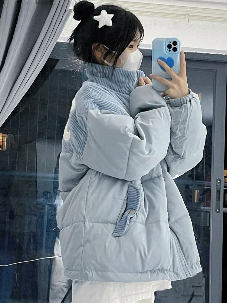 Blue ort Puffer Jaet Women's Winter Loose Fit Student Cotton Coat Thi Outerwear Korean Sle Commute Faion