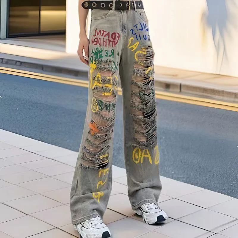 

Retro Ripped Jeans Women's 2025 Popular Summer New Color Letter Slim Floor-Length Wide Leg Pants Fashion Women's Jeans
