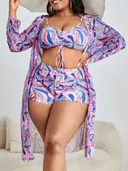 3 Pieces Large Size Bikini 2026 Printed Swimsuit Women & Kimono Drawstring Front Swimwear Female Bathing Swimming Suit Beachwear