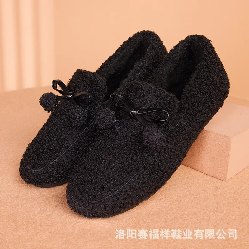 Slip-On Loafers Shoes for Women In Winter Plush Thickened Warm Shoes for Middle-Aged Elderly Mothers Lightweight Falt Footwear