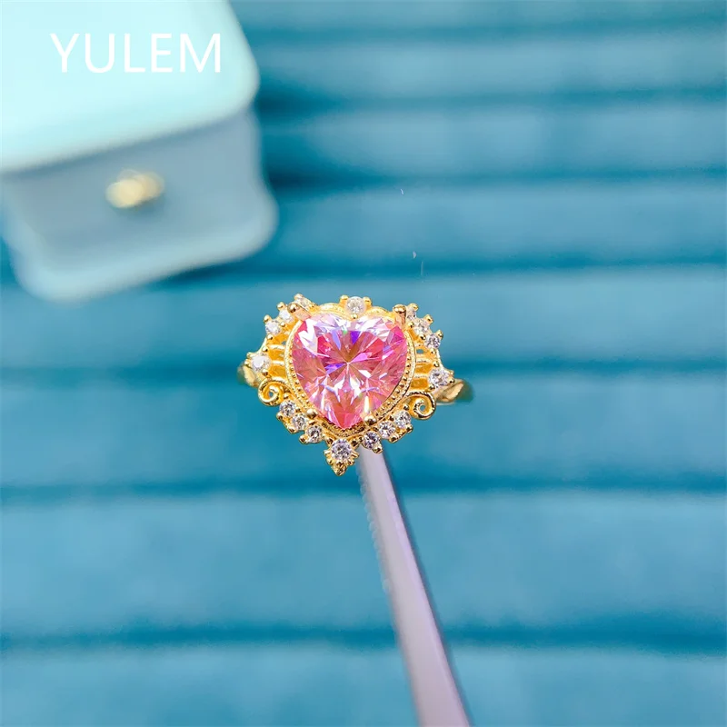 

YULEM 1ct Pink Heart Shape Pink Moissanite Silver 925 Ring for Women Daily Wear