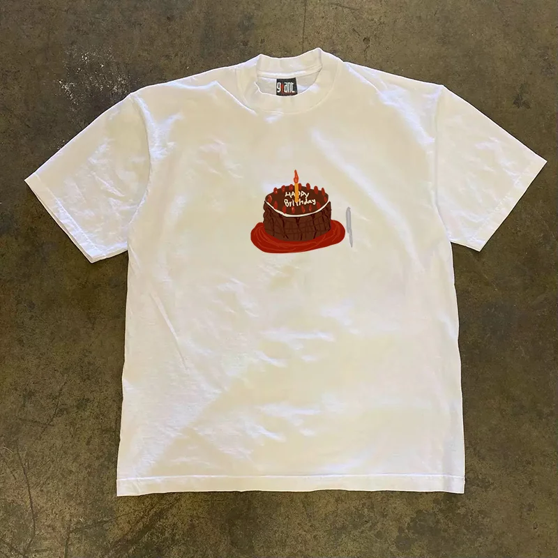 Heavyweight Pure Cotton Short Sleeve T-Shirt Couple Style Men's Loose Fit Cake Knife Fork Design Casual Summer Tee for Teens