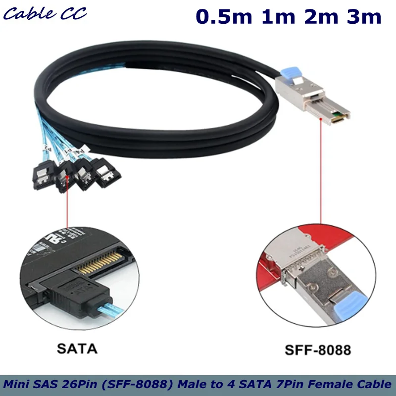 1M / 3.3FT Mini SAS 26Pin (SFF-8088) Male to 4 SATA 7Pin Female Cable, Mini SAS Host/Controller to 4 SATA Target/Backplane,