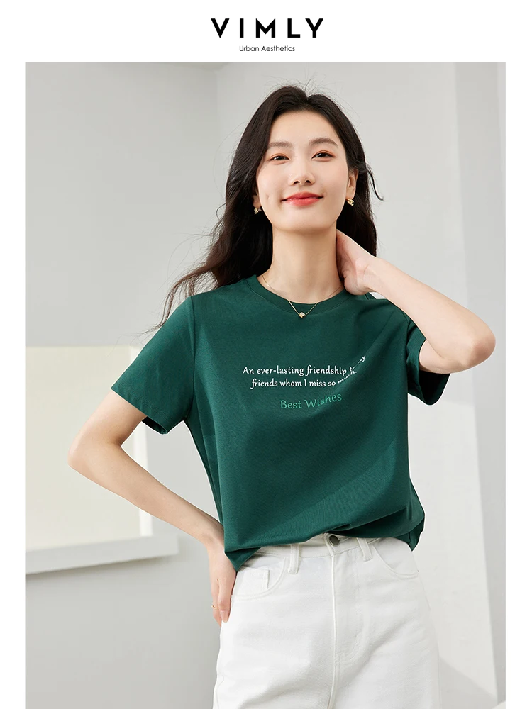 

VIMLY Cool Feeling Type Short Sleeve Solid T-Shirt Women 2024 Summer Fashionable Printed Simple Basic Loose Top Blouse M6896