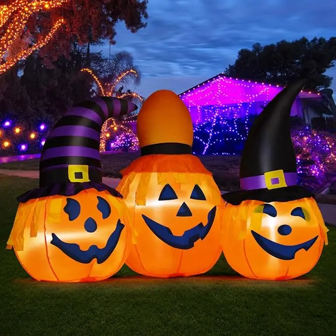 6フィートのハロウィン用インフレータブル屋外パンプキンコンボ、ウィザードハットLED付き、庭のパーティー用デコレーション