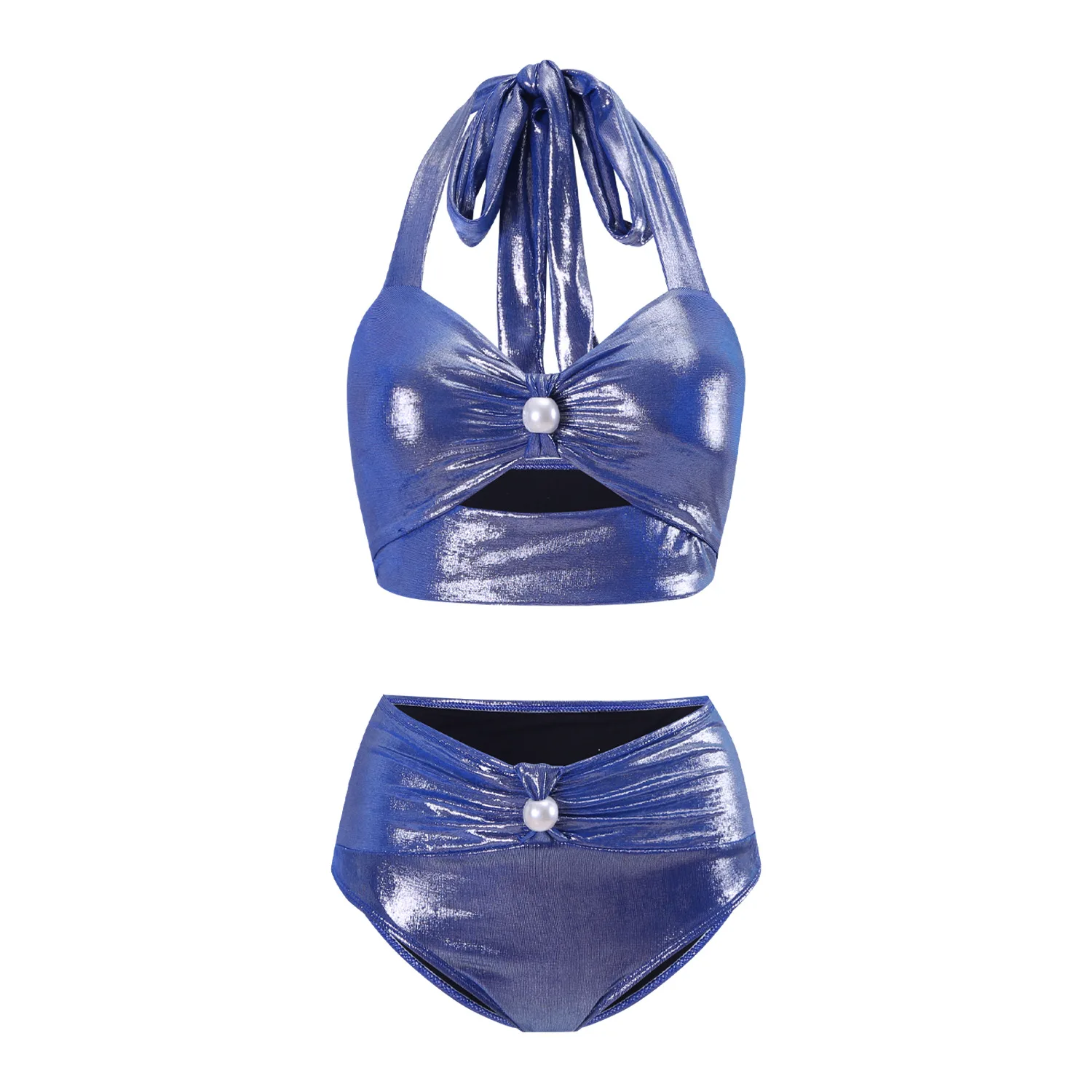 Bikini Three Piece Set 2025 Sexy Women's Swimsuit New Mist Blue Bright Face Deep V Hanging Neck Pearl Split Swimwear Femme