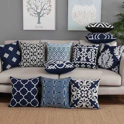 Funda de Cojín Bordada y de Lona para Decoración del Hogar, Cubierta Cuadrada de 45x45 cm, de Algodón, Color Azul Marino con Blanco, de Forma Quatrefoil