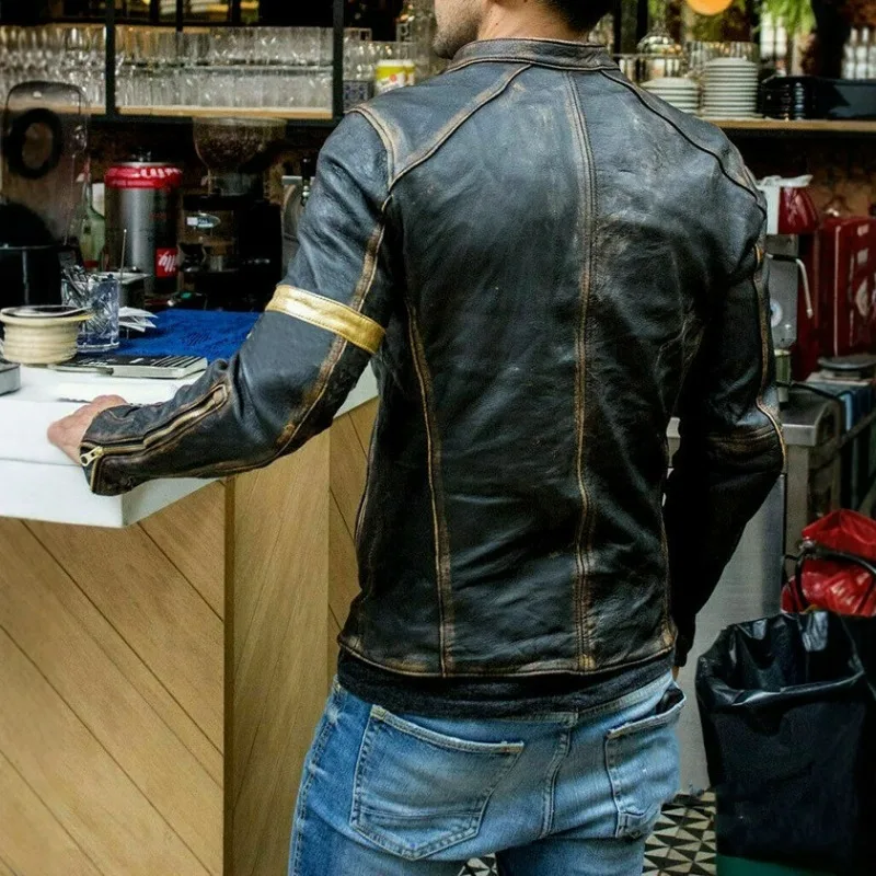 KIDWHXR Herbst Herrenjacke Motorrad Punk Stehkragen Reißverschluss Lederjacke Slim Fit Langarm Winddichte Oberbekleidung für Männer – Detail 3