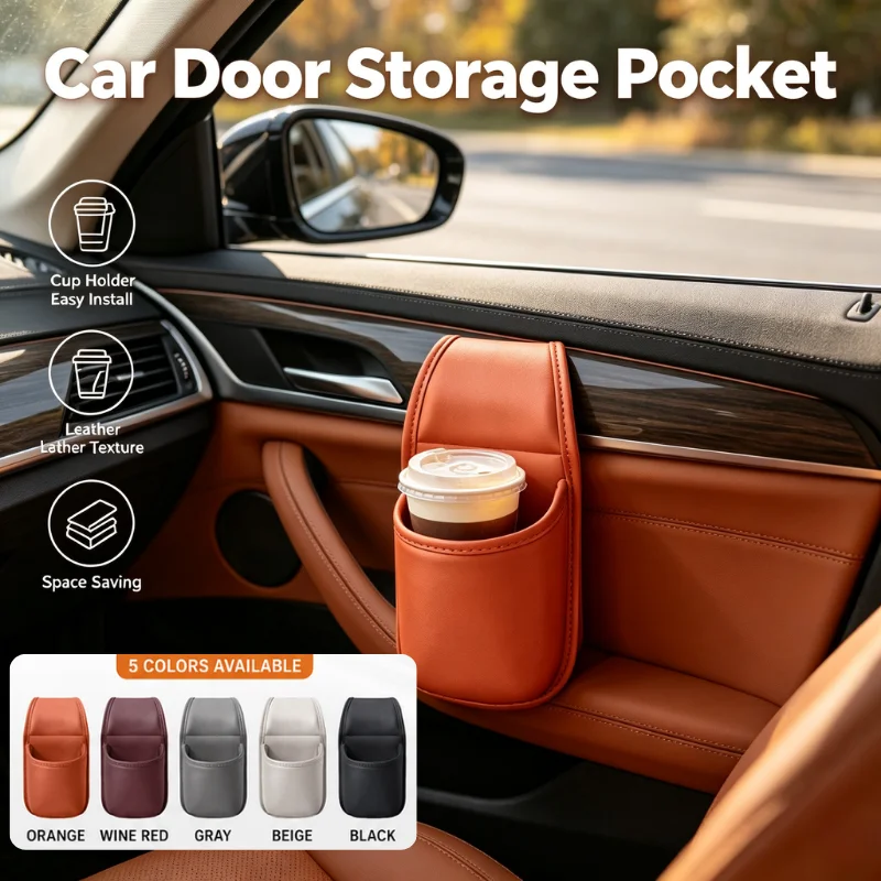 PU Leather Cup Holder Car Door Side Storage Bag Waterproof Easy Installation Universal  Space Saving Auto Interior Accessories