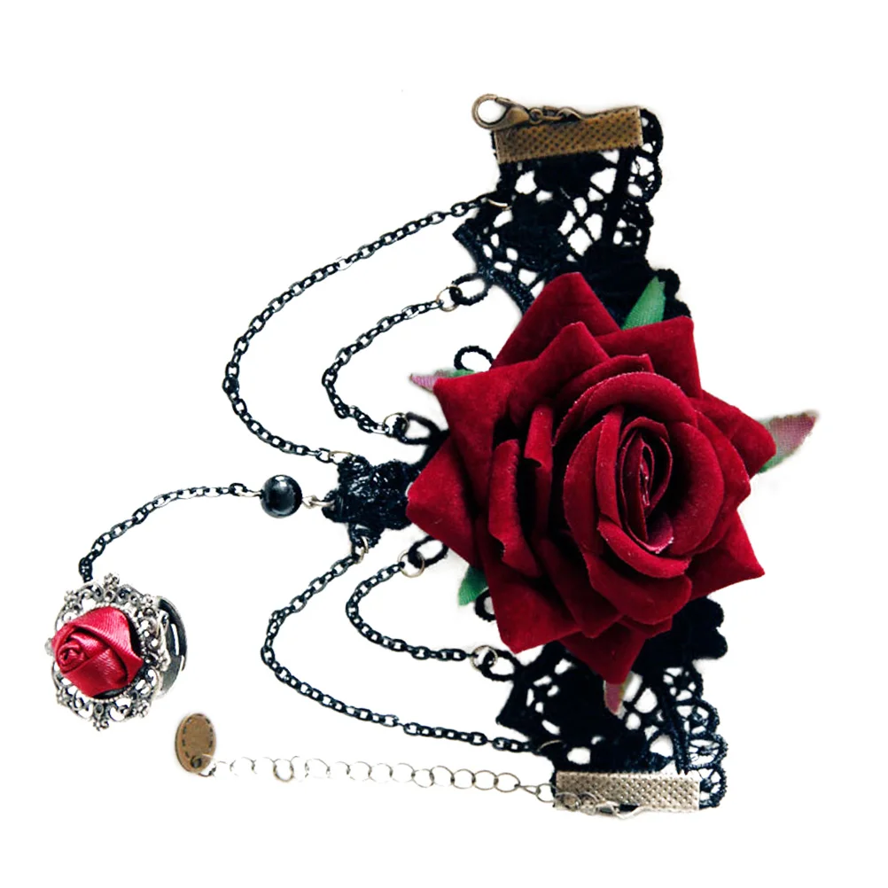 

Red Rose Tassel Bracelet Retro Luxury One Size Fits Most Elegant Charming Wristband Rose Flower Cuff Party Wear