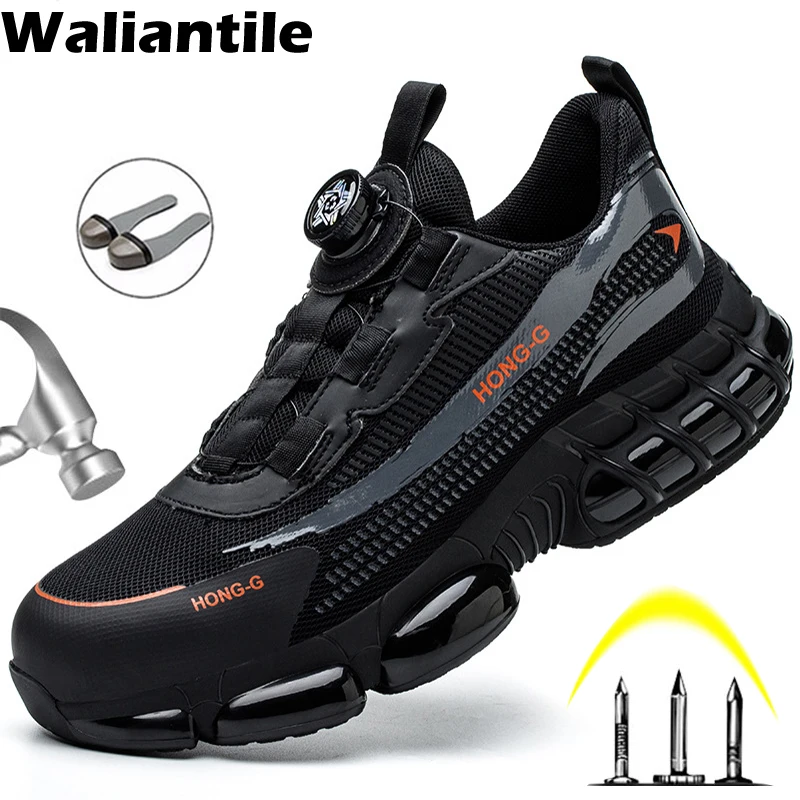 Waliantile Men Safety Shoes For Industrial Working Boots Man Lace Free Anti-smashing Steel Toe Indestructible Work Sneakers Male