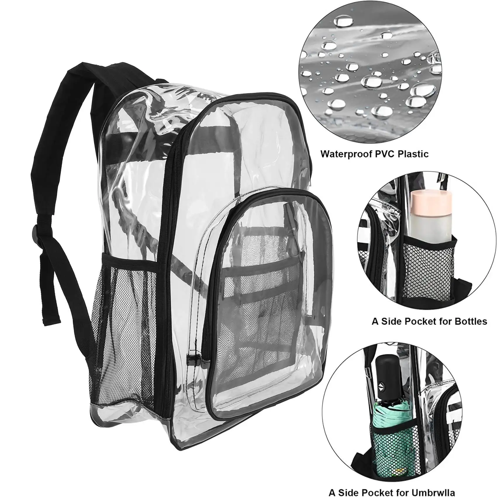 FZFZ 頑丈なクリアバックパック、セキュリティ透明スクールバックパック、仕事、セキュリティチェック、旅行用のシースルーブックバッグ