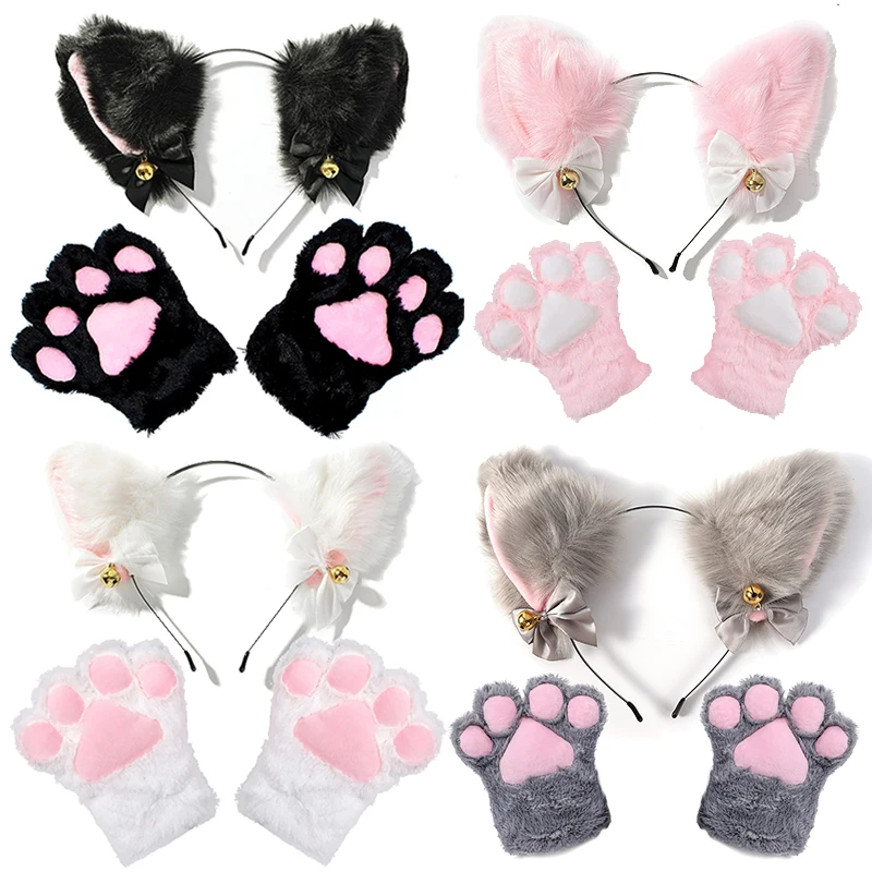 3pcs Cat Ear Bow Headband Necklace Cat Claw Gloves Cosplay Plush Bell Hairband Women Masquerade Party Headwear Hair Accessories