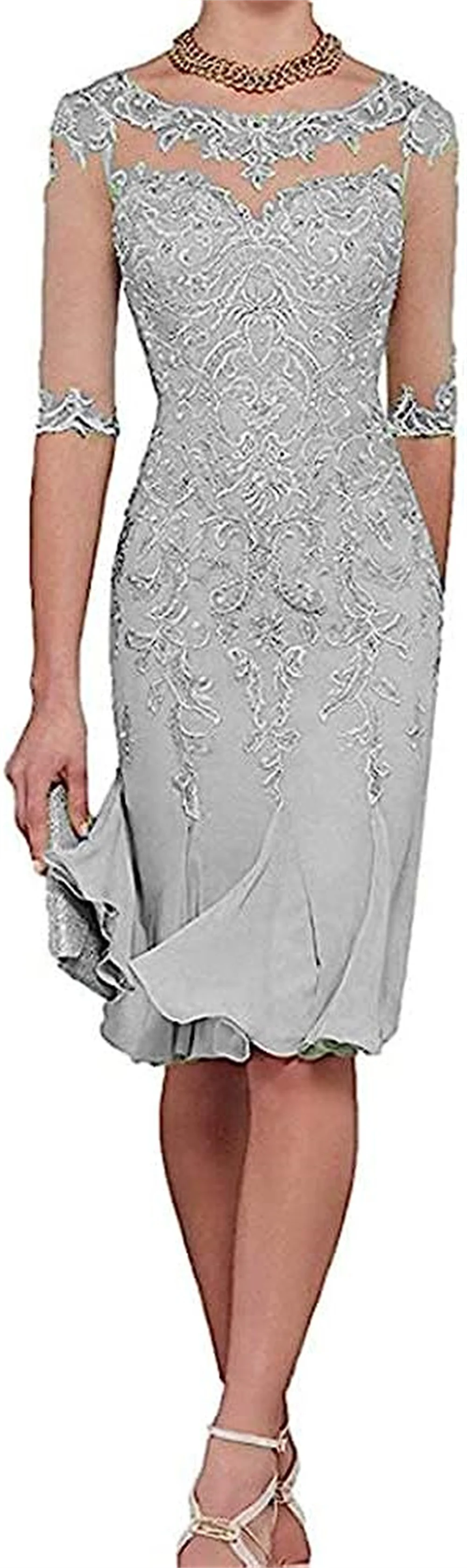 Mother of the Bride Evening Dress Chiffon Applique Short Sleeve Knee Length Ladies Prom Dresses Formal Occasion Dresses 2023