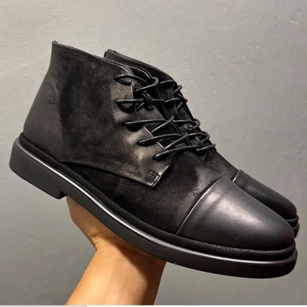 QHCCID High-top men's genuine leather Korean-style retro handmade matte Cow leather soft-soled anti-slip high-top leather shoes - Image 5