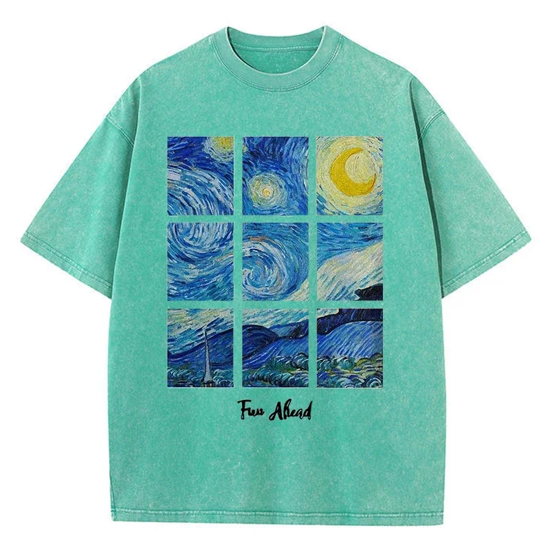 Cotton Washed T-Shirts Fashion Loose O-Neck Short Sleeve The World Of Meditation Print Tops Summer Street Female Clothes