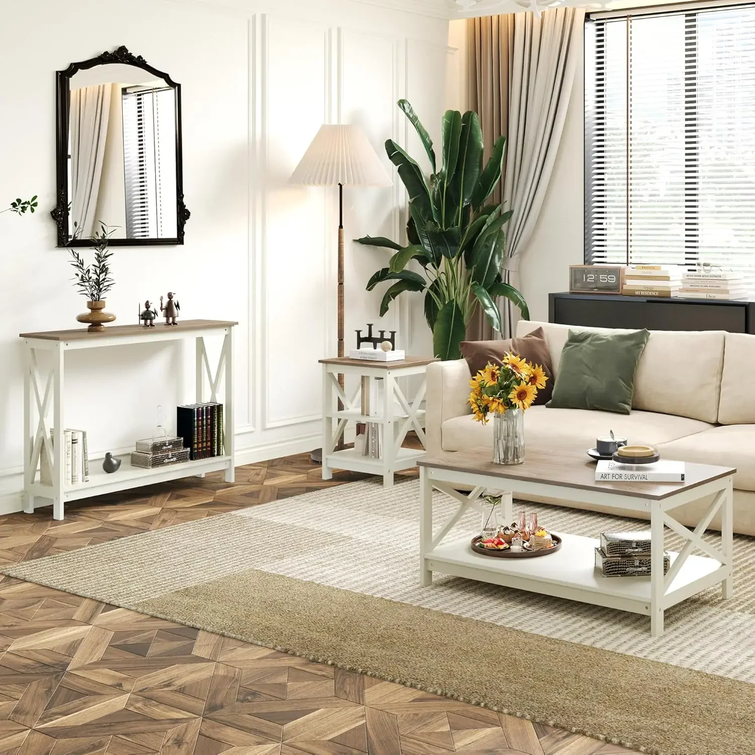 Ivory Living Room Coffee Table With Storage Shelf