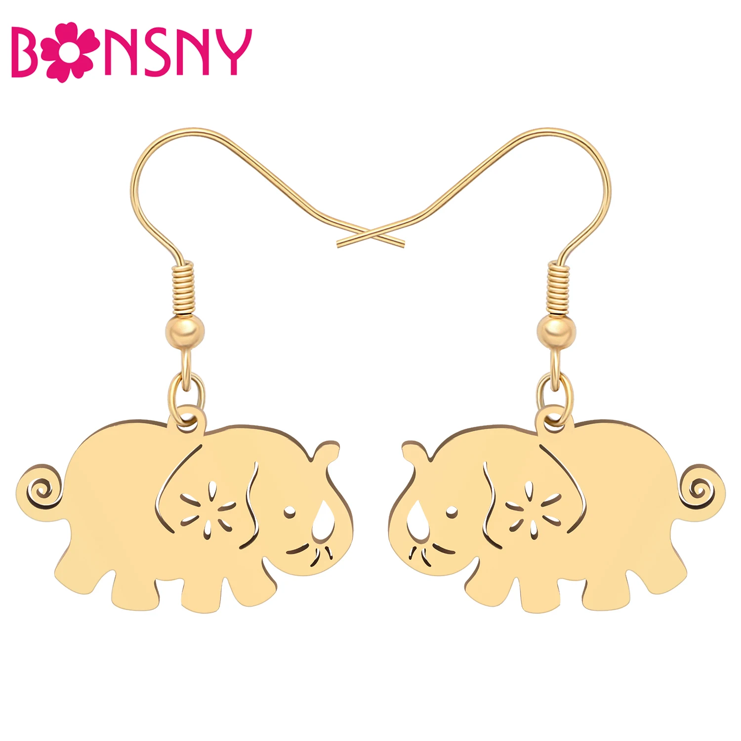 Bonsny Roestvrij Staal Schattige Olifant Drop Bengelen Oorbellen Verguld Zilver Goud Jungle Dieren Sieraden Charme Geschenken Voor Vrouwen Kind