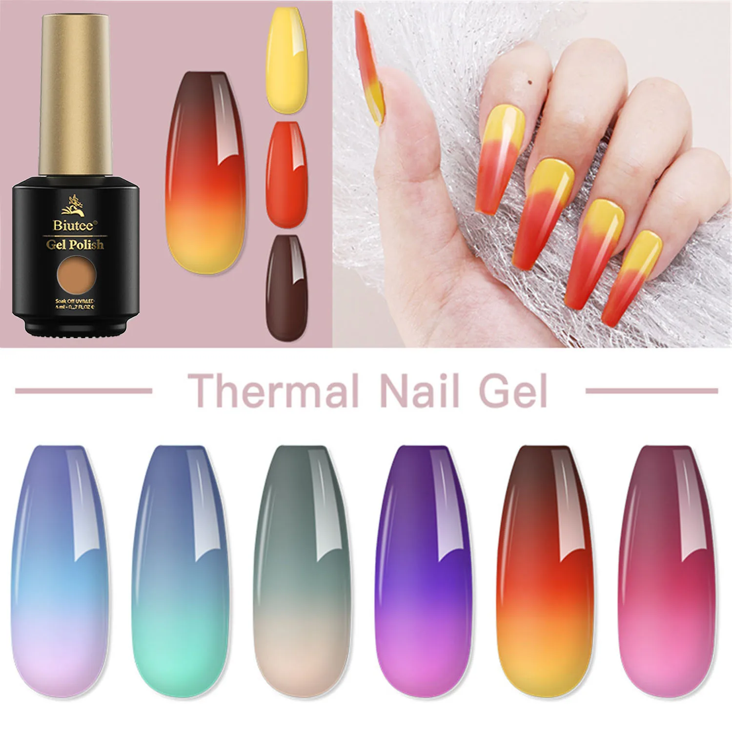 Biutee Thermal Nail Polish Gel 3 Layers Temperature Shiny Color Changing Series Semi Permanent Soak Off UV Nail Gels Polish