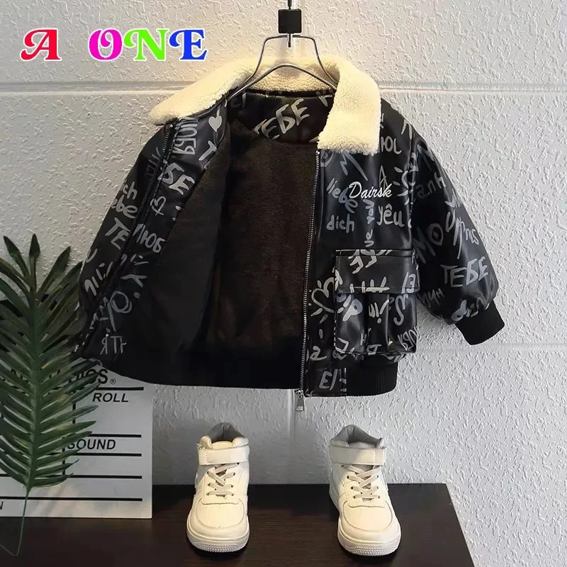 winter boys velvet jacket kids clothes baby clothing children outfits coat fashion Faux Leather PU letter Christmas costumes