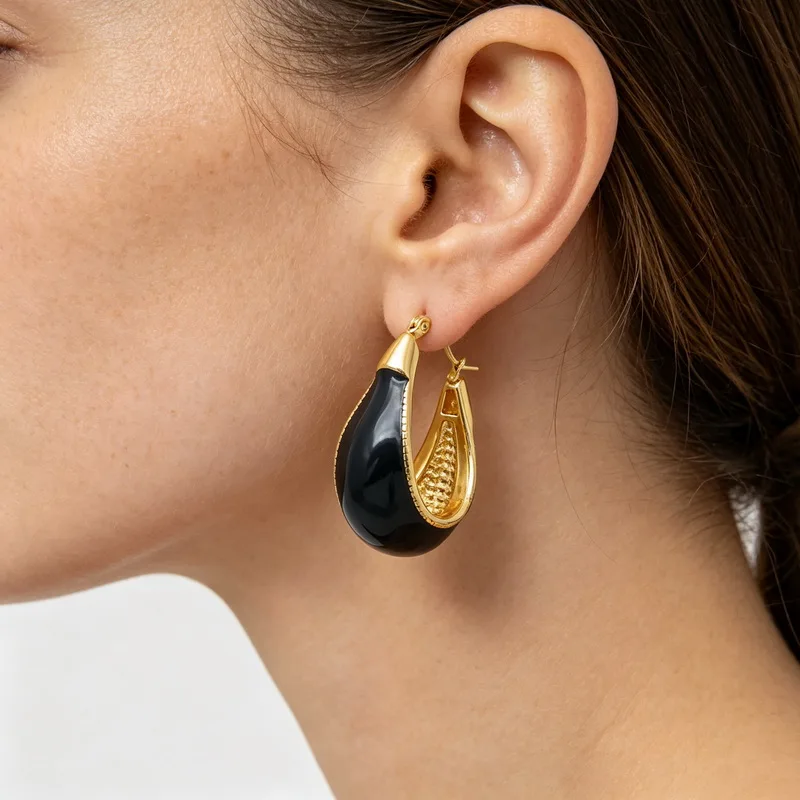 KALEN Retro Chunky Women Stainless Steel Hoop Earrings Glossy Enamel U‑Shape Click Closure Fashion Daily Party Ear Jewelry Gift