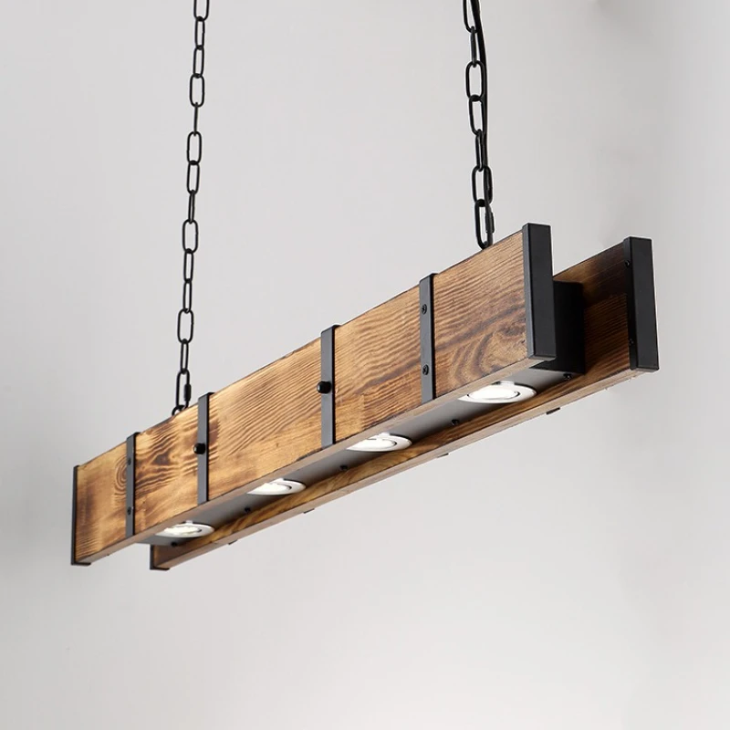 American Industry Long Strip Wooden LED Pendant Lamp Retro Metal Chain Sling Restaurant Kitchen Cafe Atmosphere Lighting Fixture