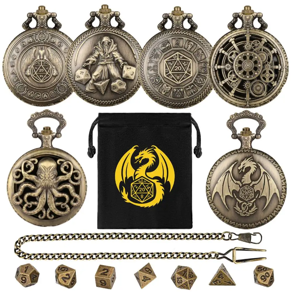Vintage Bronze/Grey Black Metal Pocket Watch Case Mini Polyhedral Dice Sets Unique Vintage Gifts for Role Playing Games Lovers