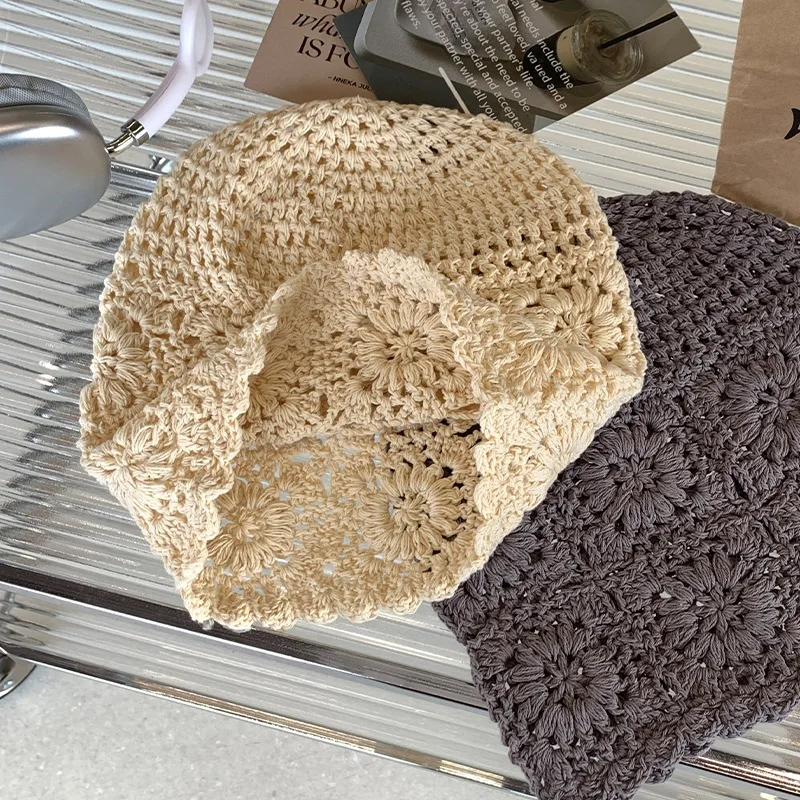 Women Summer Cap Hand-Made  Hollowed-out Vintage Artistic Crocheted Hat for Summer Breathable Causual Female Caps 004