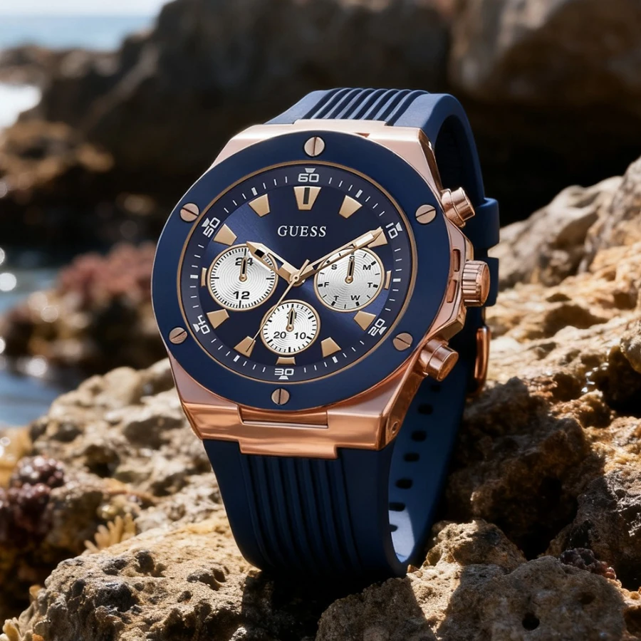 Reloj Cronógrafo Multifunción para Hombre GUESS, Correa de Silicona Azul, Reloj de Pulsera Deportivo Resistente para Deportes, Uso Diario, Club, Fiestas, Regalos