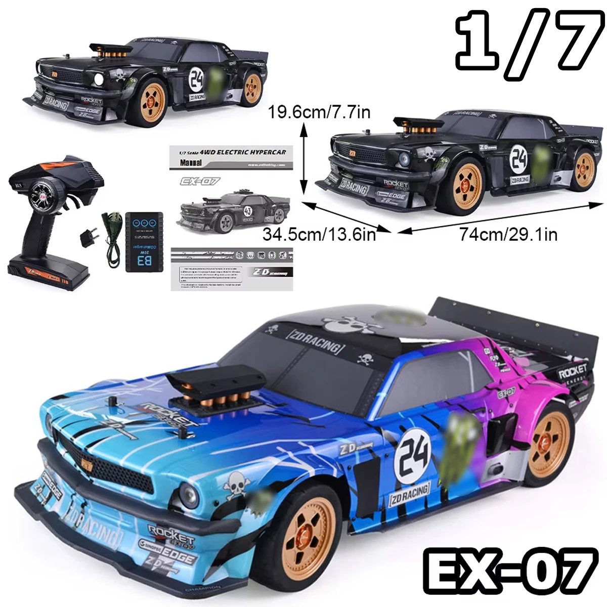 

1/7 ZD Racing EX07 Professional 4WD RC High-speed Flat Sports Car Electric Remote Control Model Adult Children Kids Toys