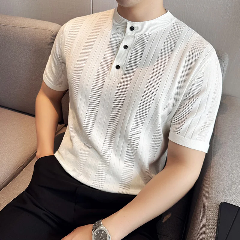 Chinese Style Stand Collar Knitted T-shirt Men Summer Striped Hollowed Out Collarless Polo Shirt Casual Business Tee Tops