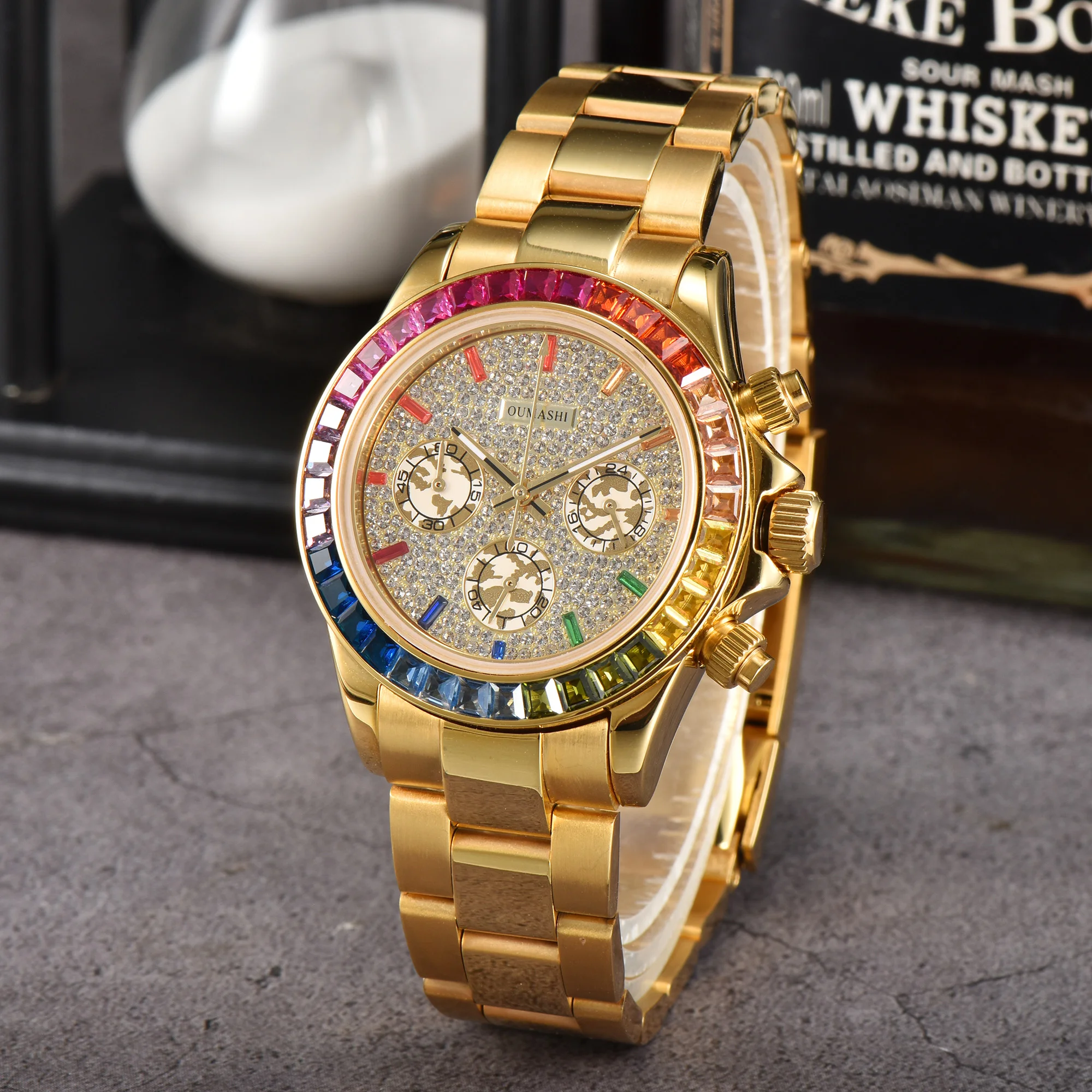 Rainbow dial Ceramic bezel Green luminous hands Men\'s Sport Quartz Watch Sapphire stainless steel strap waterproof watch