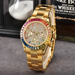 Rainbow dial Ceramic bezel Green luminous hands Men's Sport Quartz Watch Sapphire stainless steel strap waterproof watch