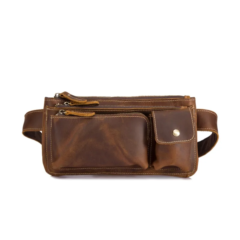 Vintage Waist Pack Genuine Cowhide Retro Style Brown Crazy Horse Leather Clutch Phone Purse Men\'s Portable Shopping Shoulder Bag