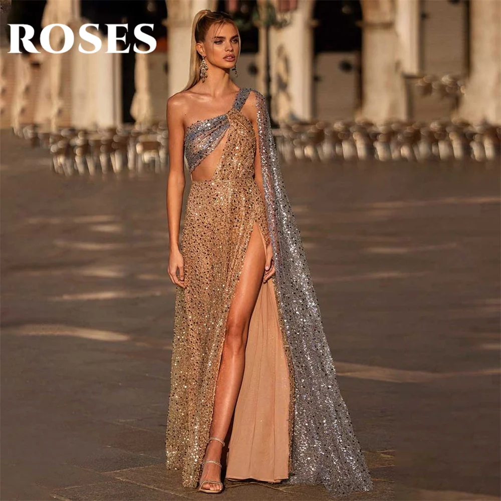 ROSES Glitter Champagne Evening Dress One Shoulder A-Line Glitter Party Dress Sequins High Split فساتين الحفلات Prom Dresses