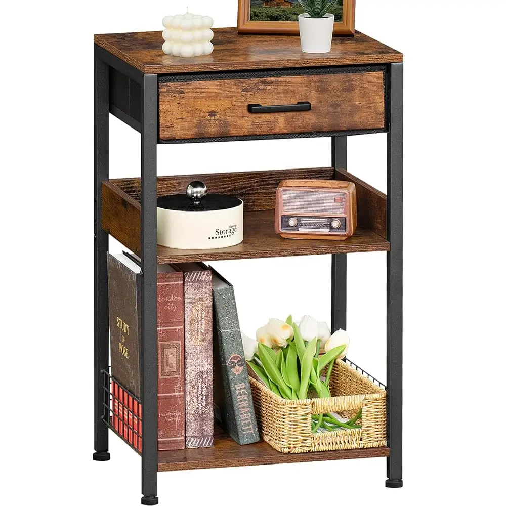 

End Table With Fabric Drawer,3 Tier Industrial Wood Side Table With Storage,Modern Tall Printer Stand,Vintage Brown