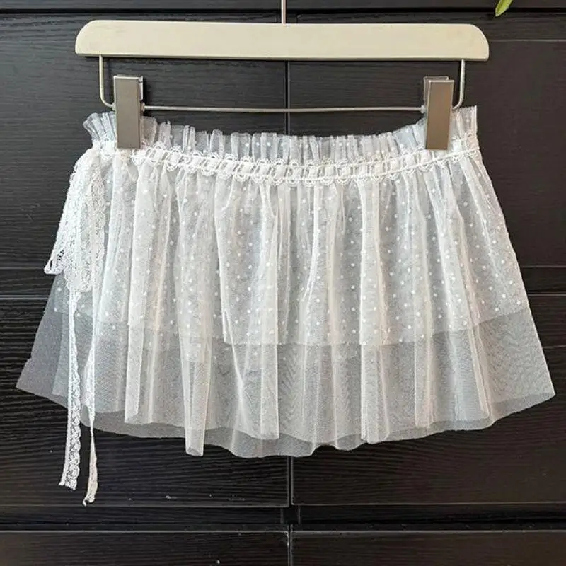 Lace-Up Lolita Short Skirt Lace Trim One-Piece Belted Overlap Skirt Apron Korean Chic Spring Summer Lace Layered Gauze Skirt