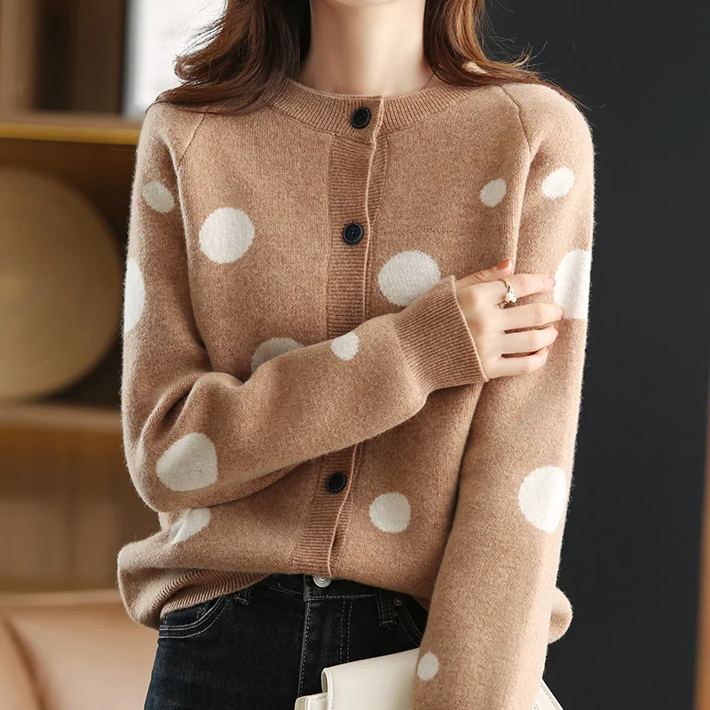 

100% Pure Wool Cardigan Coat Women's Round Neck Long Sleeve Loose Polka-Dot Knitted Sasual Cashmere Sweater