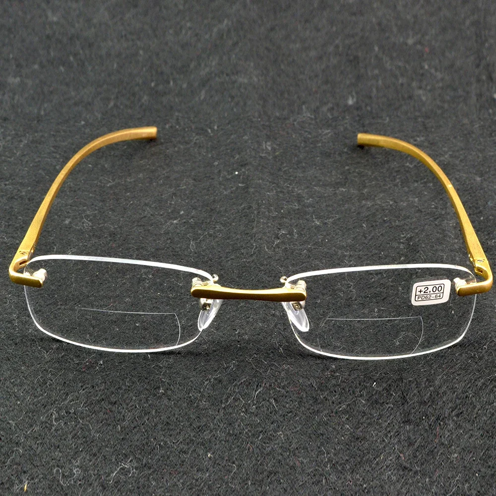 Clara Vida Gold Aluminium Magnesium Rigid Bifocal Rimless Men Reading Glasses +1 +1.5 +2 +2.5 +3 +3.5 +4