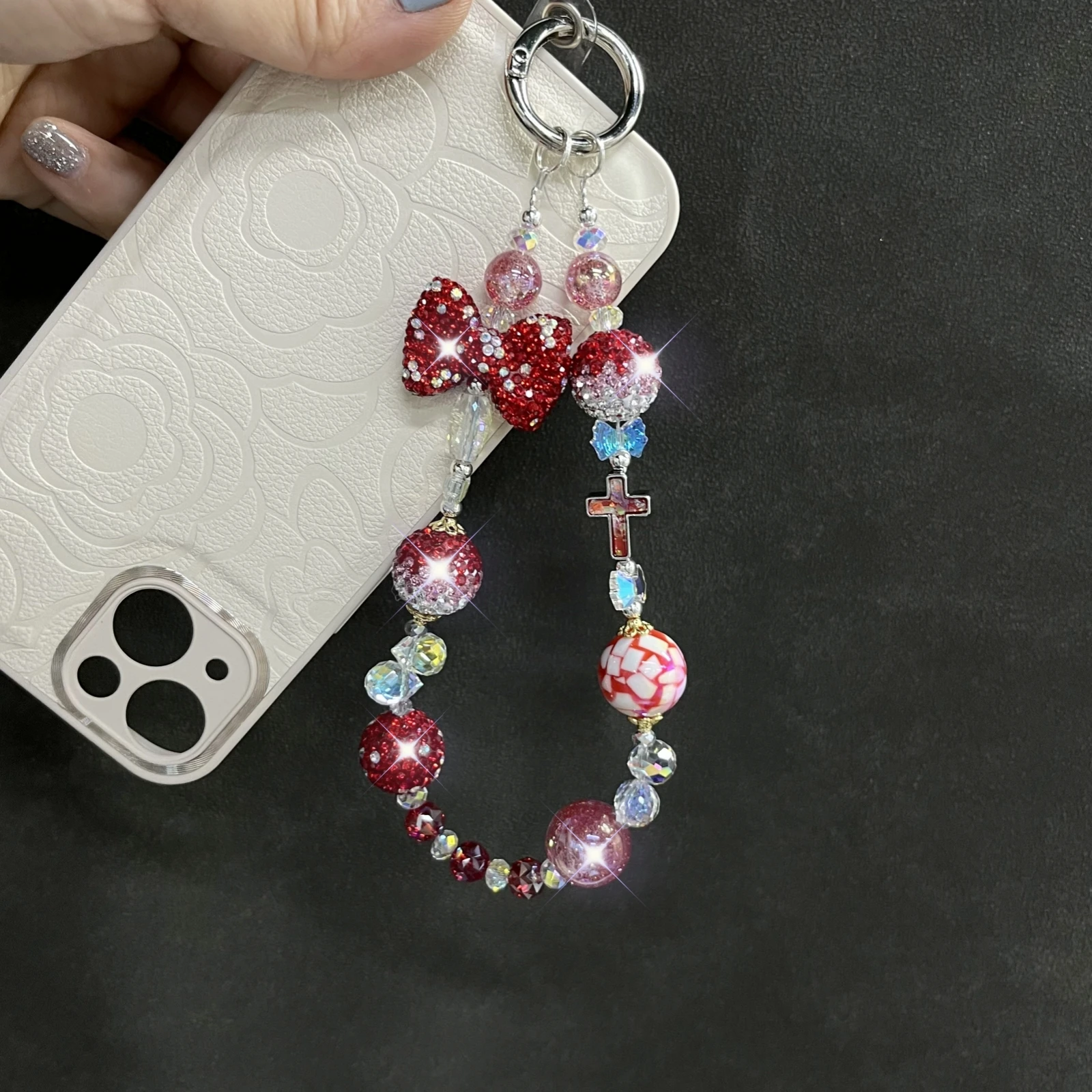 Red Diamond Ball Bow Phone Chain Shining Red and White Crystal Phone Accessories Hanging Chain Phone Charm Gift for Her