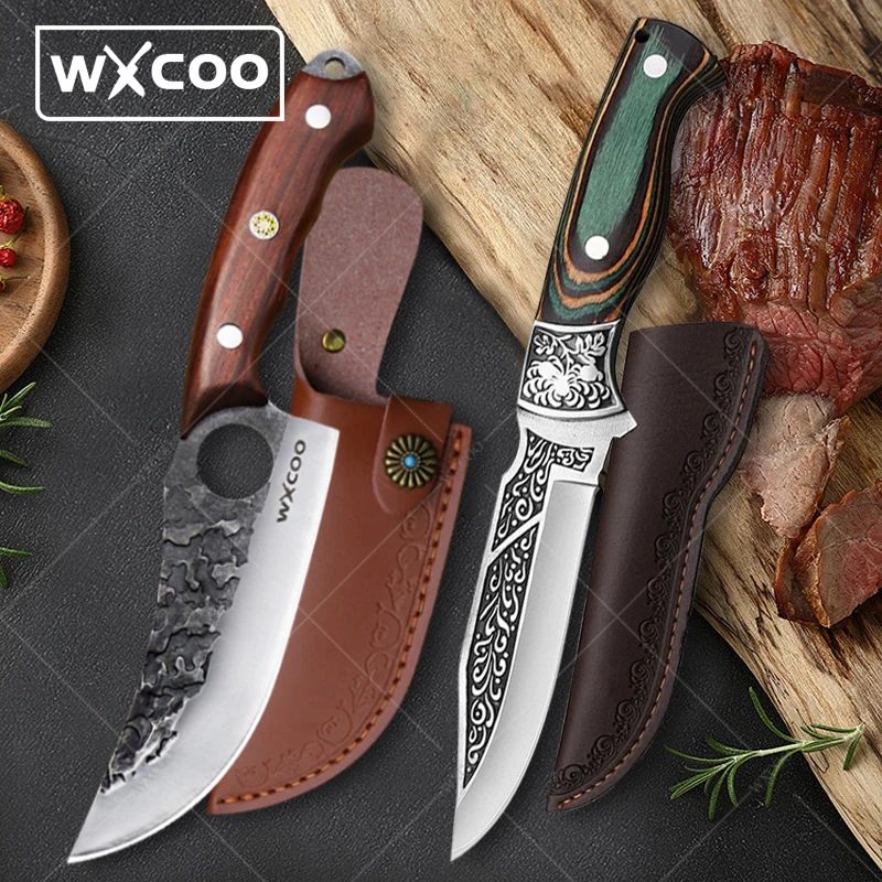 

WXCOO Hammered Forged Machete Stainless Steel Meat Cleaver Kitchen Chef Knife Finger Ring Butcher Boning Knife BBQ Utensils