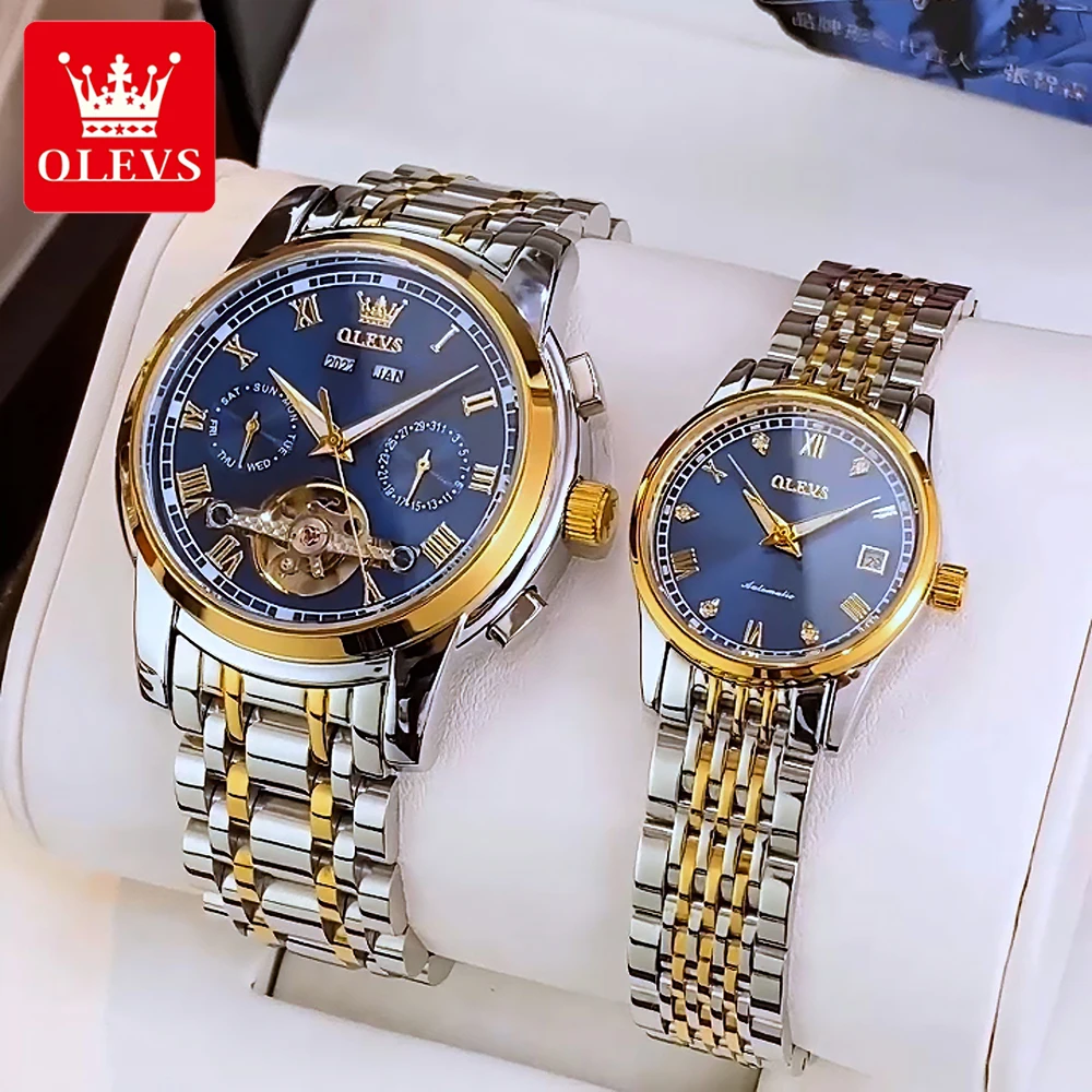 

OLEVS часы для пар, роскошные модные водонепроницаемые оригинальные автоматические механические наручные часы для мужчин, светящаяся дата, новинка с автоподзаводом