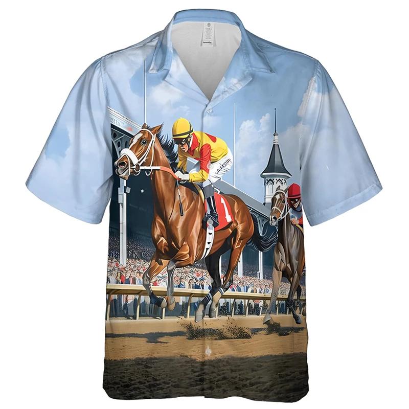 Hawaii Holiday Shirt Men's Clothing 3D Printed Funny Animal Pattern Shirts 2025 Fashion Trend Horse Racing Short Sleeves Blouse