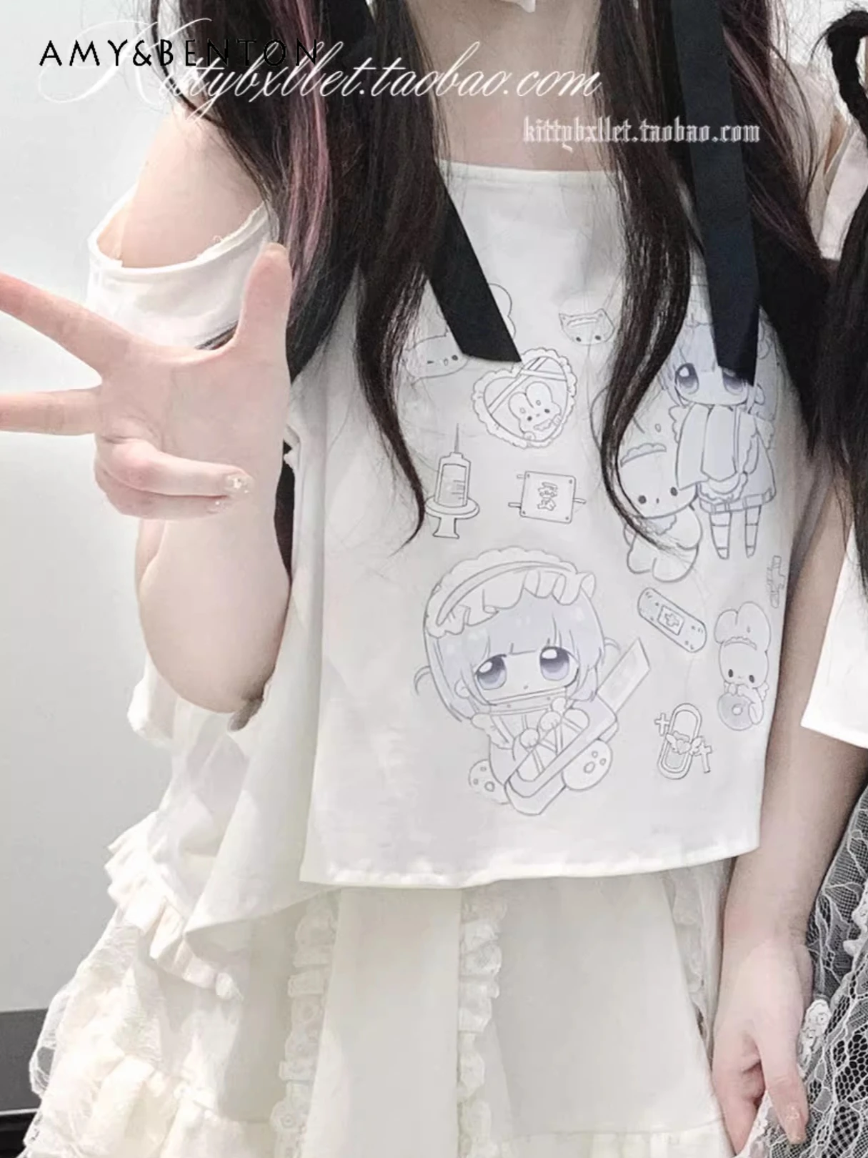 

Subculture Two-Dimensional Anime Print Off-Shoulder Short-Sleeve T-Shirt Summer Gothic Sweet Kawaii Loose Casual Short Tops
