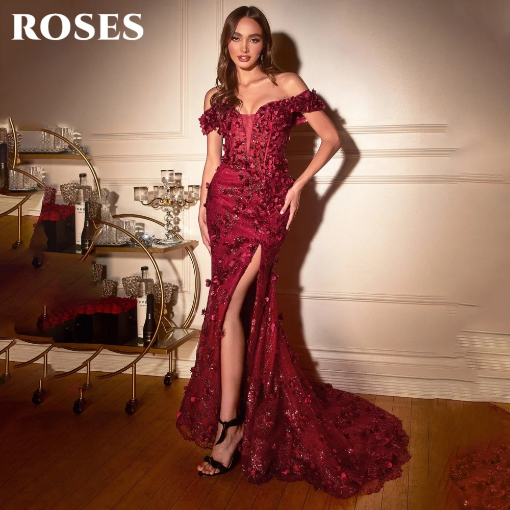 

ROSES Red Sexy Prom Dress Deep V-Neck Off the Shoulder Prom Gown Gorgeous Applique Side Split Formal Dresses 프롬 드레스 Customized