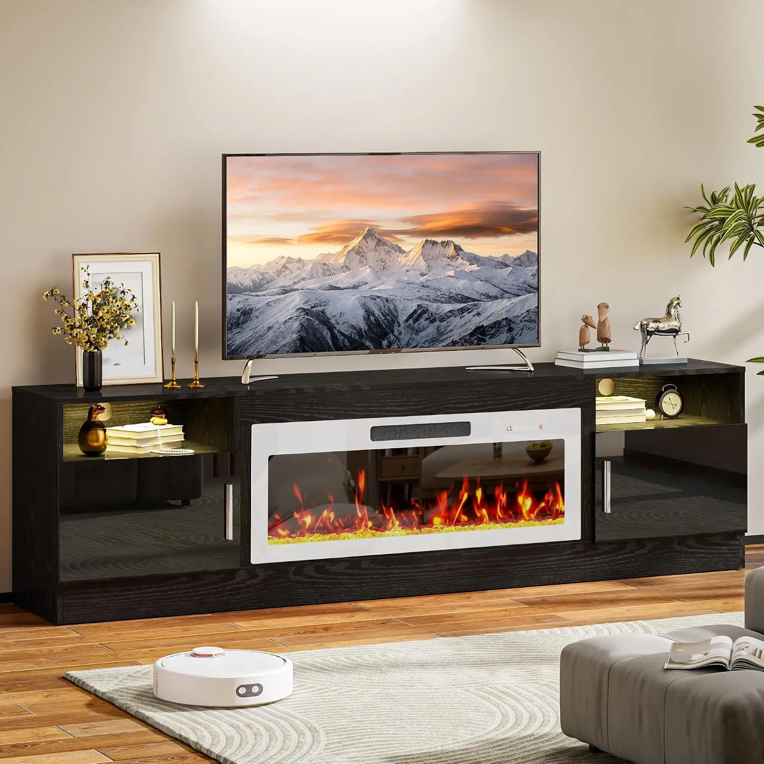 Gloss TV Stand Fireplace Entertainment Center LED Two Tone White Black 80 Inch