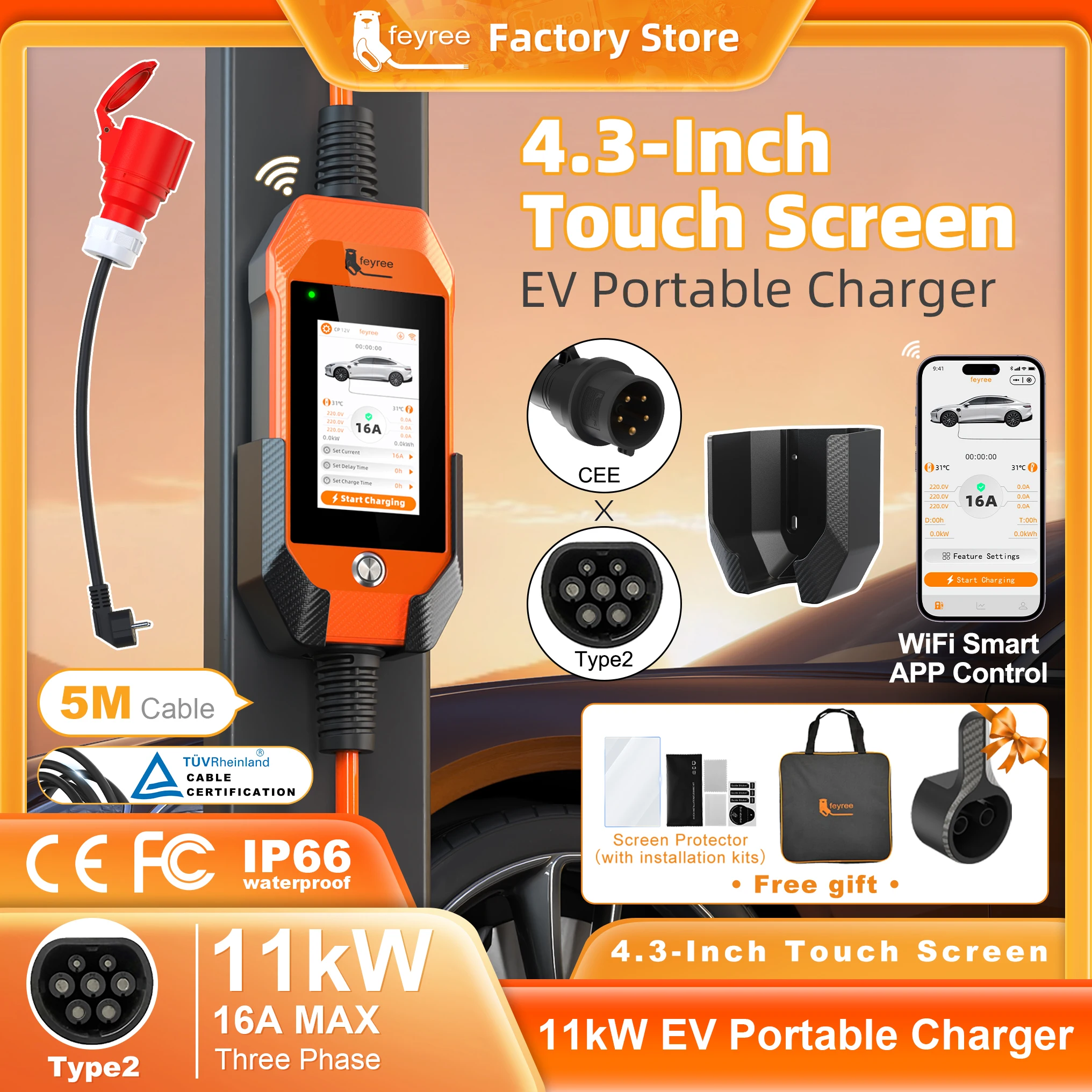 Cargador de Vehículos Eléctricos Portátil para Uso Doméstico Feyree Tipo 2 de 11 kW con Pantalla Táctil de 4.3'', Protección DualTemp y Registro de Historial en la Aplicación