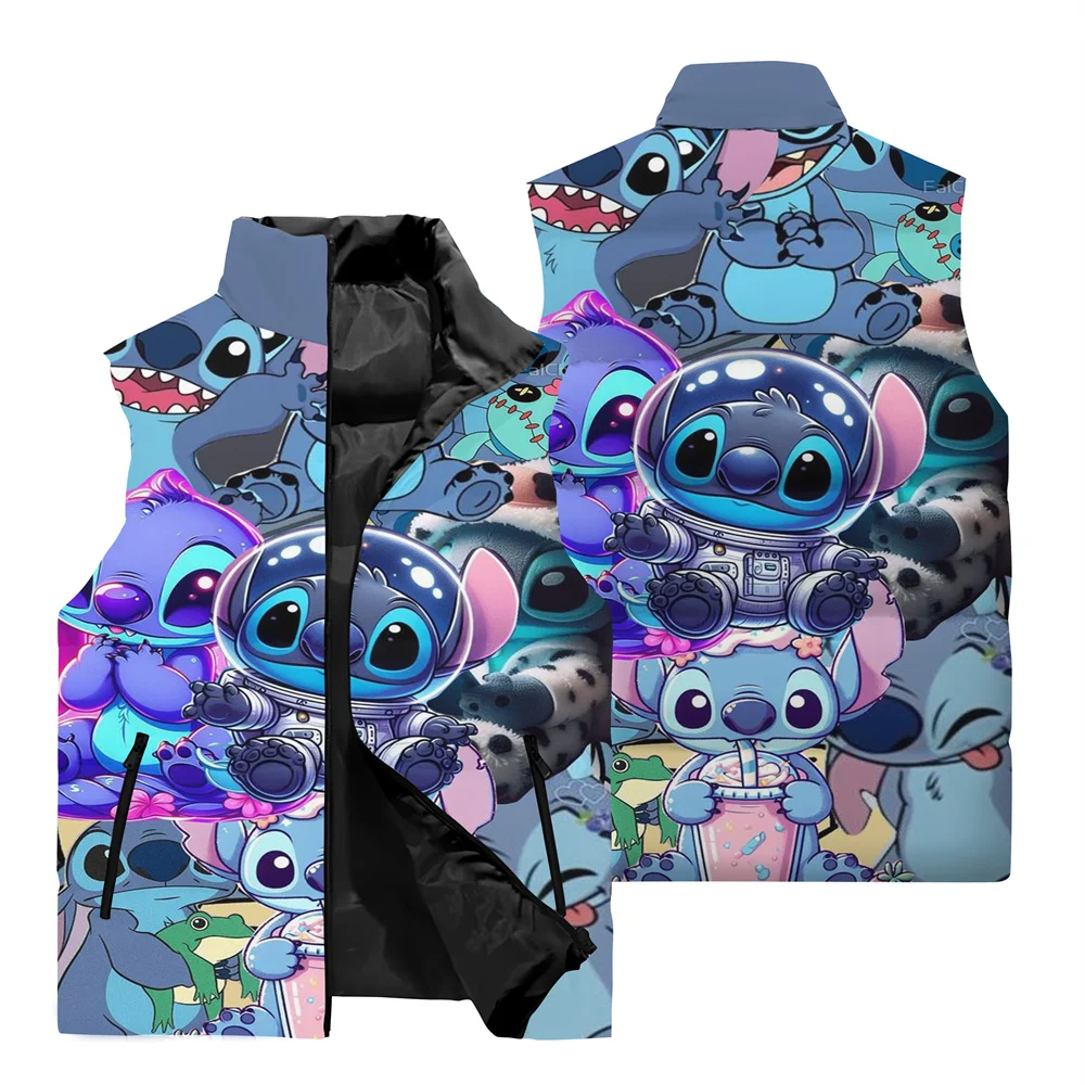 2024 New Disney Stitch 3D Printed Men\'s Sleeveless Jacket Outdoor Sports Coat Fashion Men\'s Stand Collar Zipper Windbreaker