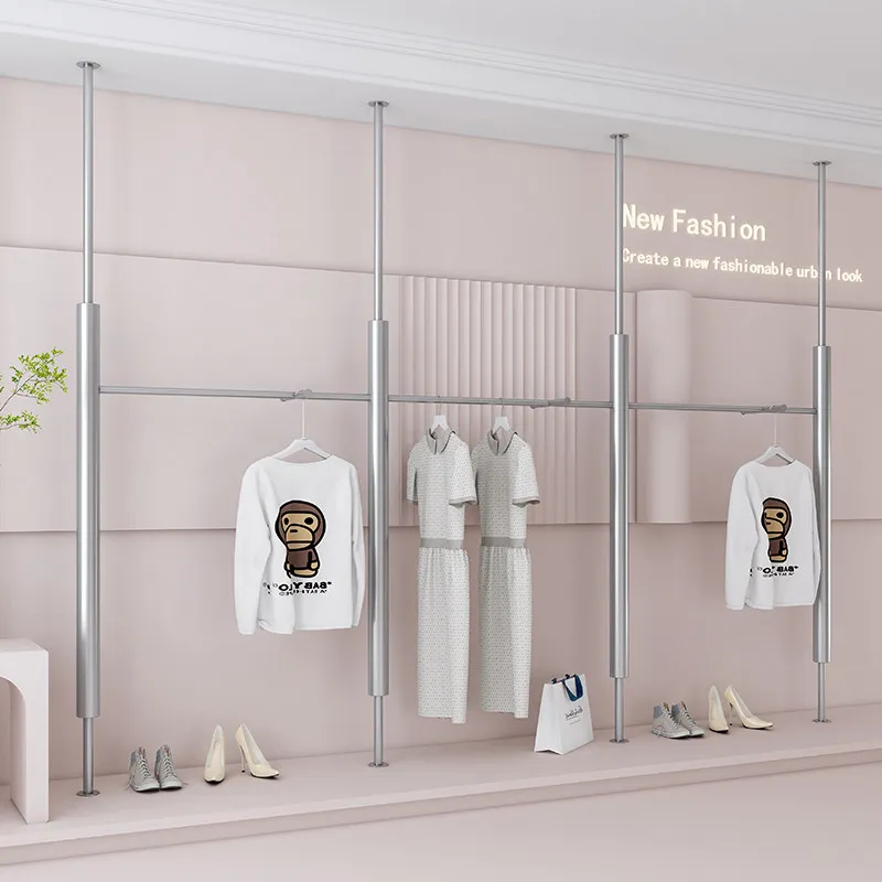 Clothing store display shelves Wall-mounted stainless steel columns Men's and women's clothing hanging clothes shelves Store dis