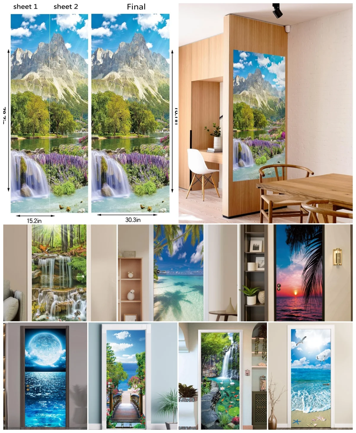 Mountain Waterfall Lake Scenery Door Sticker Self Adhesive Waterproof Vinyl Mural Removable Bedroom Home Door Decor Decal